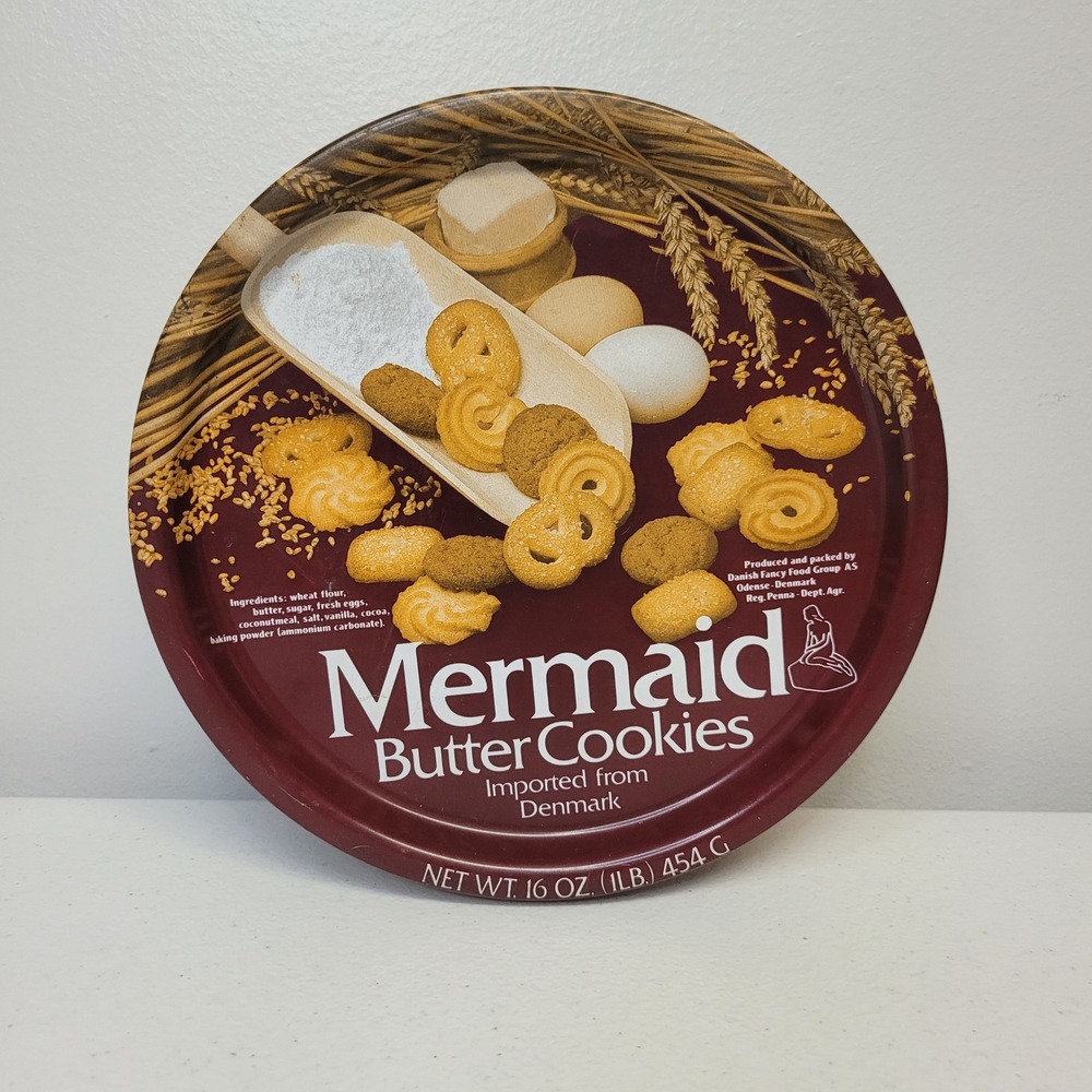 Mermaid Butter Cookies Denmark Vintage Empty Round Tin 16 oz 1 lb‎